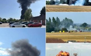 Collage of five images showing large plumes of black smoke rising into the sky from