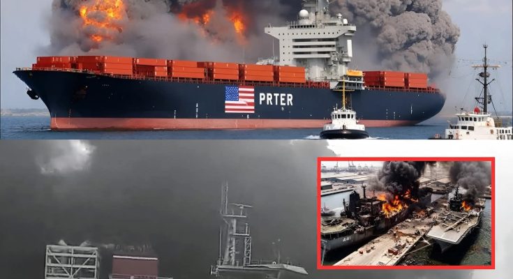 Cargo ship sinking at sea carrying U.S. military ammunition with debris in water