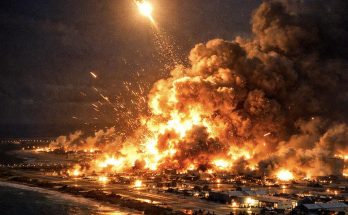 Lightning storm over city before attack