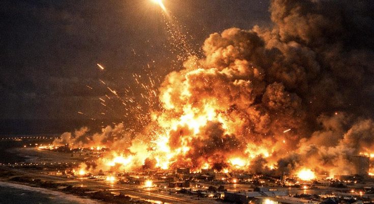 Lightning storm over city before attack
