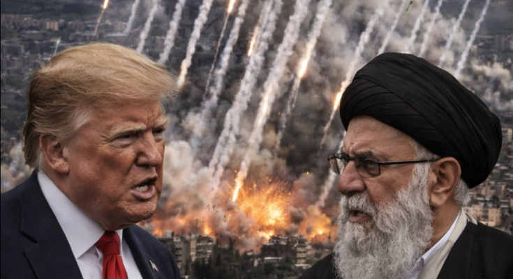 Emergency responders searching rubble after a rocket attack damaged residential buildings