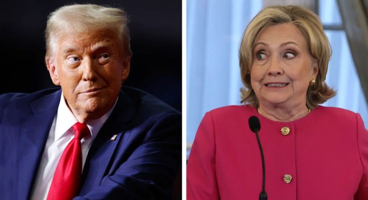 Donald Trump speaking as video about Clinton body count conspiracy plays on screen