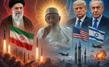 three world leaders with Iran, US, and Israel flags amid missiles, fighter jets