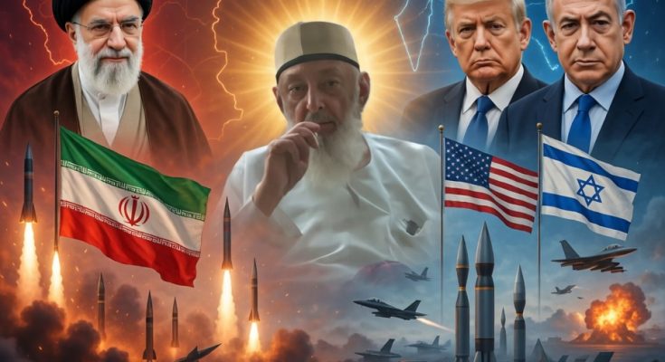 three world leaders with Iran, US, and Israel flags amid missiles, fighter jets