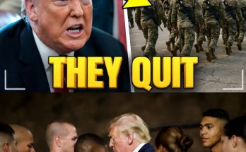 Trump points at soldiers with "They Quit" text