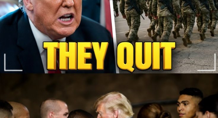 Trump points at soldiers with "They Quit" text