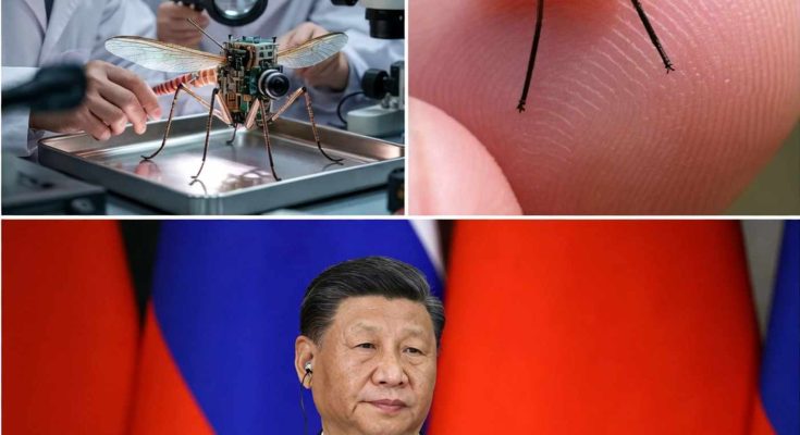 scientists examine robotic insect in laboratory setting, Xi Jinping below