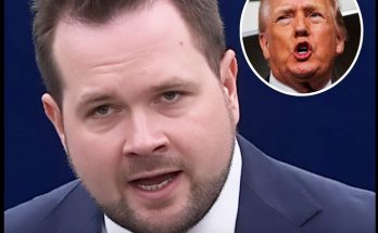 man in suit speaking passionately with Trump inset