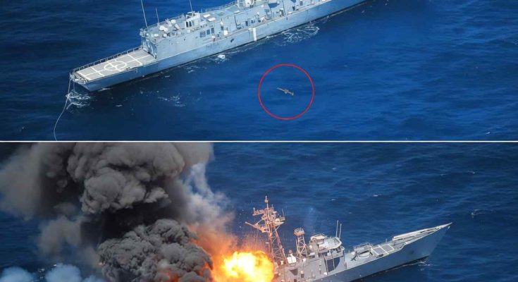 naval ship explosion during exercise in open sea, dramatic scene captured