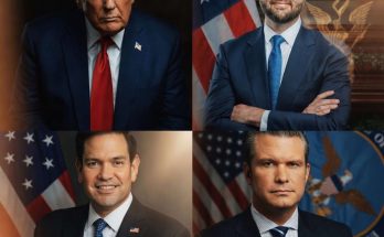 four-panel portrait showing Donald Trump, J.D. Vance, Marco Rubio, and Pete Hegseth in
