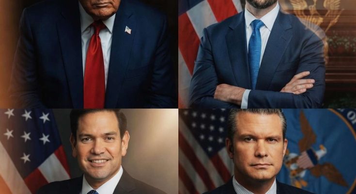 four-panel portrait showing Donald Trump, J.D. Vance, Marco Rubio, and Pete Hegseth in