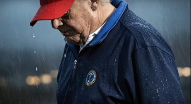 elderly man in red cap, rain-soaked, somber mood