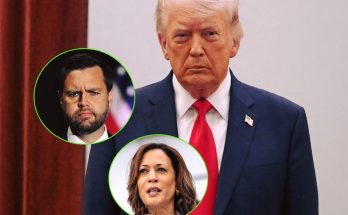 donald Trump in navy suit with red tie, flanked by circular portraits of JD Vance and