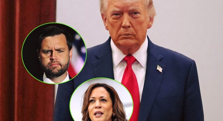 donald Trump in navy suit with red tie, flanked by circular portraits of JD Vance and