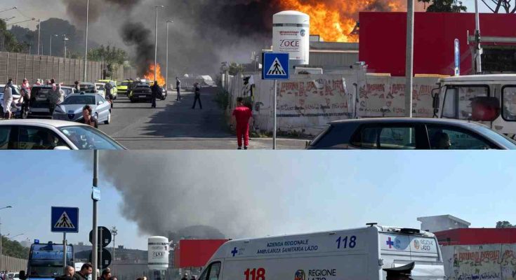 massive industrial fire erupts near Rome highway with thick black smoke and emergency