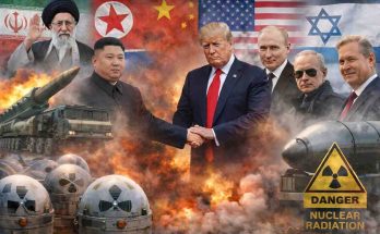 world leaders amidst nuclear threat with flags in background