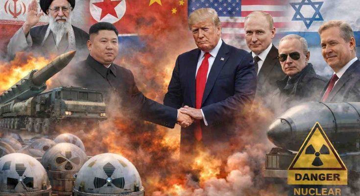 world leaders amidst nuclear threat with flags in background