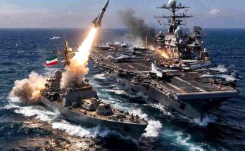warships in action with missile launch at sea