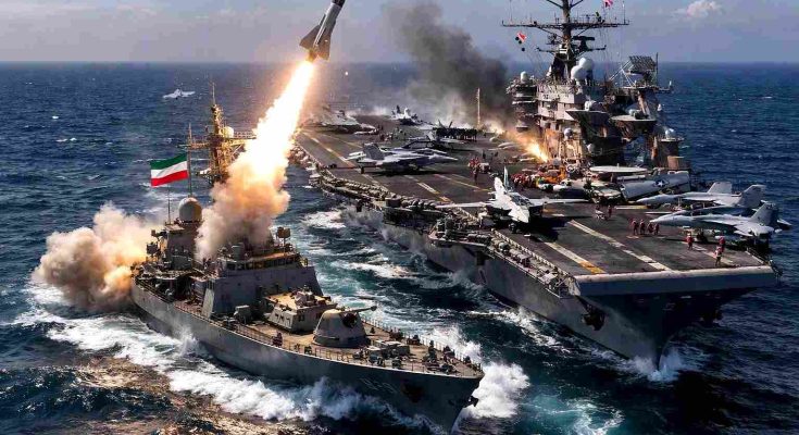 warships in action with missile launch at sea