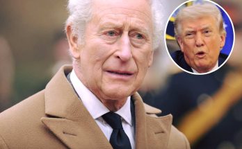 king Charles III in camel coat with inset image of Donald Trump speaking at podium with