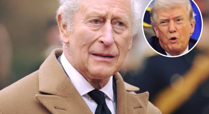 king Charles III in camel coat with inset image of Donald Trump speaking at podium with